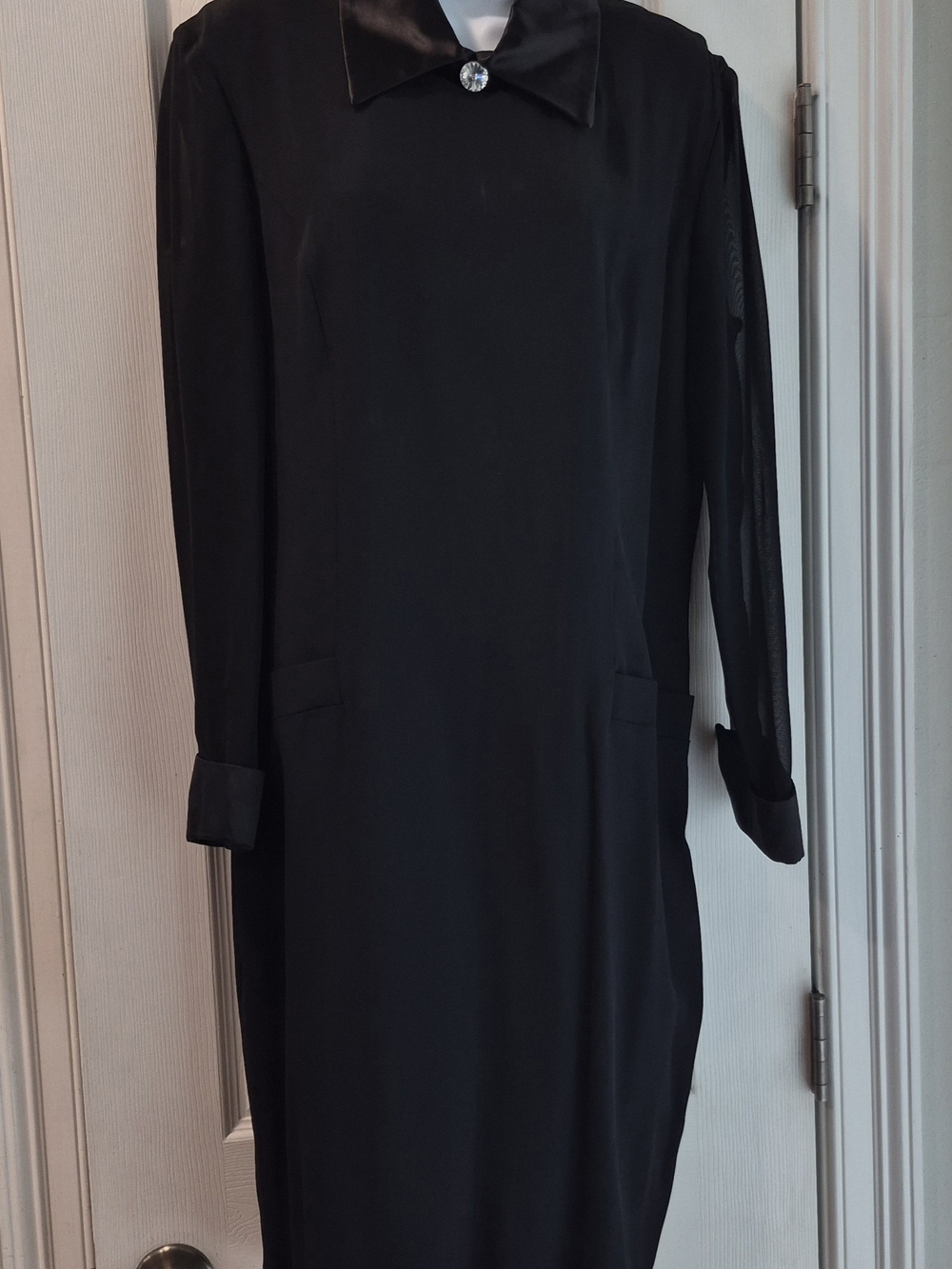 Black Long Sleeve Shift Dress with Decorative Collar and Sheer Sleeves, Size 12